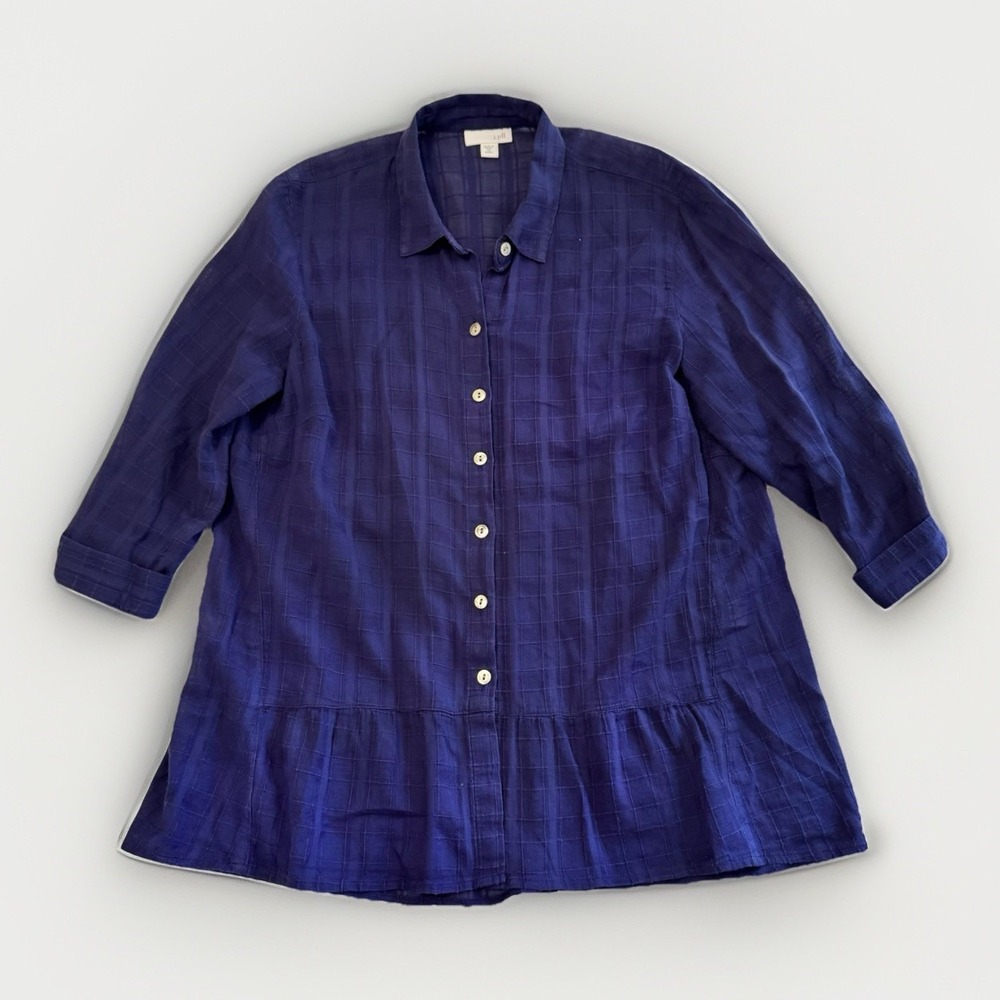 J Jill Women's Blue 3/4 Sleeve Semi Sheer Peplum Button Up Shirt Size XS/S Beach